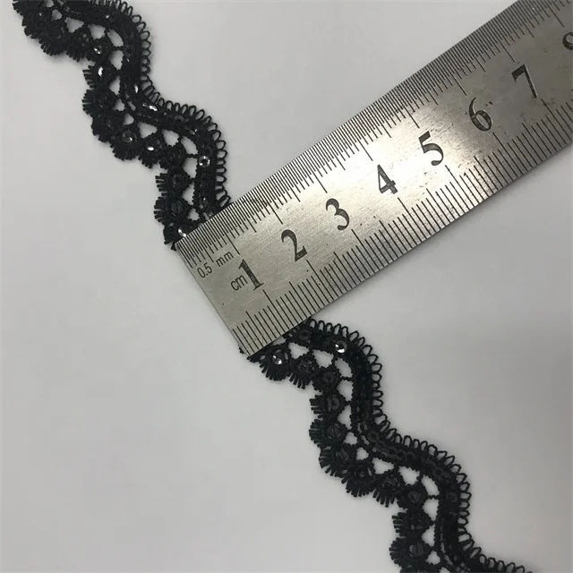 20MM black fancy ripple shape lace trim decoration eyelash embroidery sequin chemical french lace for bridal dress