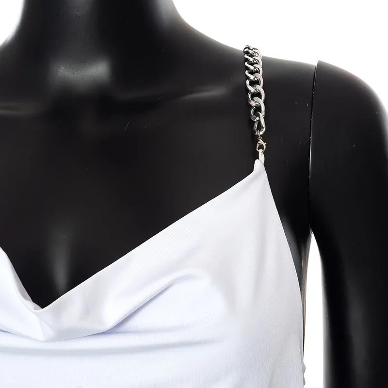 Sexy Backless White Dresses For Women 2022 Chain Ruched Black Party Long Dress Female Solid Cami Bodycon Club Midi Dress Backless White Dresses