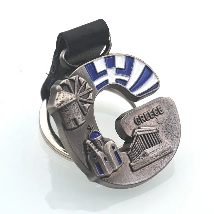 Antique Plating Metal and Leather Greece Flag Souvenirs  gift Keychain