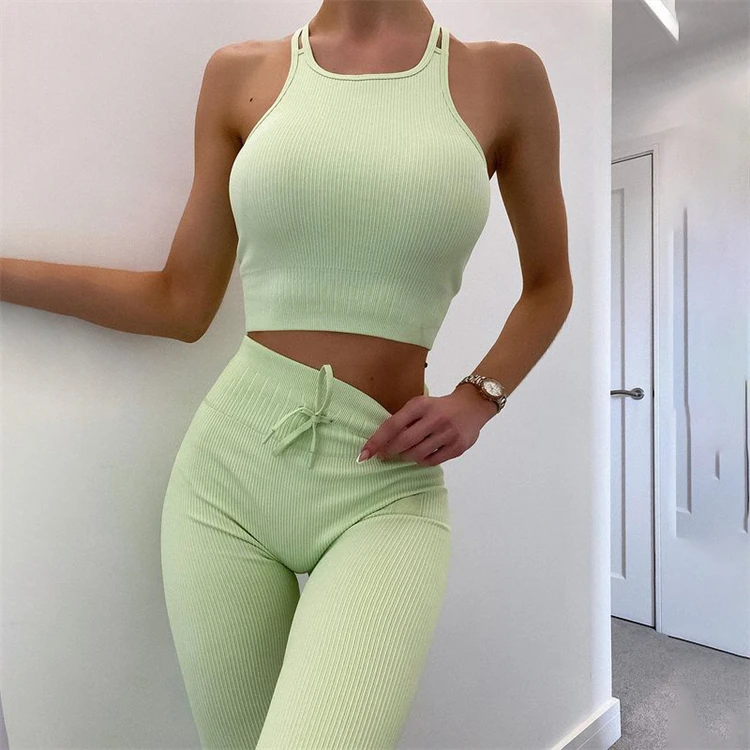 D12510 Fashionable casual yoga sports fitness sleeveless vest high waisted trousers 2 piece set women fall clothing