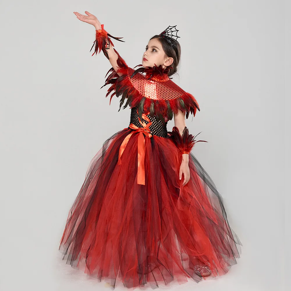 Baige Girls Queen Halloween Carnival Party Costume New Update Red Tutu Dress with Demon Vampire Theme for Holiday Celebrations