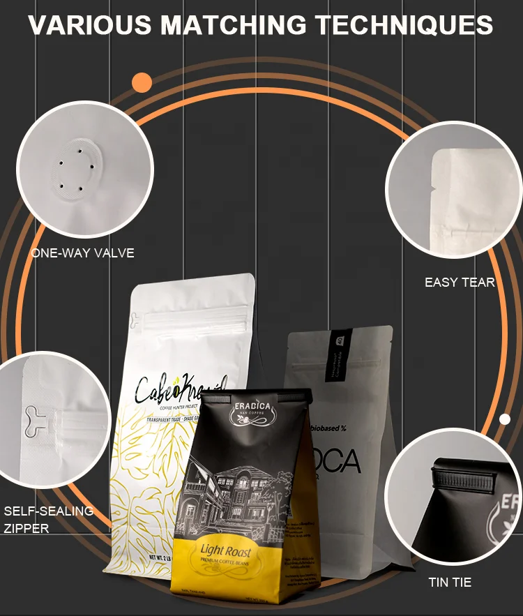 Block bottom bags bolsa doypack custom printed flat bottom pouch coffee packaging bags coffee stand up pouch with valve