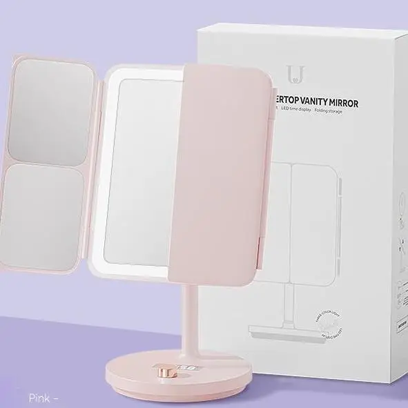 Intelligent Time Reminder LED Desktop Vanity Mirror Modern Three-Sided Folding HD Makeup Shell Dimming Glass Plastic Weddings
