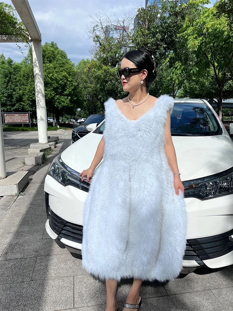 2023 Women Autumn Winter Real Fox Fur Knitted Skirt With Lining Ladies Luxury Genuine Fox Fur Coat Jacket