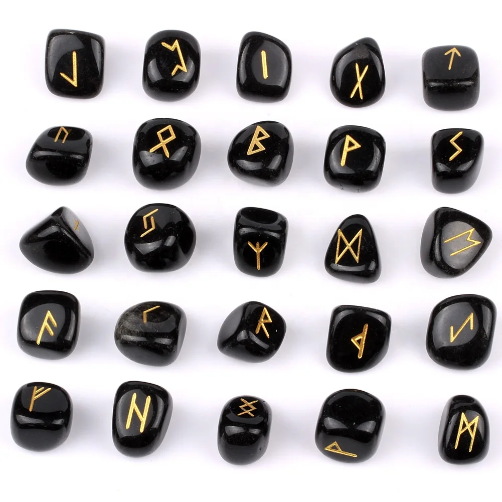 Natural Black Obsidian Stone Engraved Tumbled Stone Rune Set
