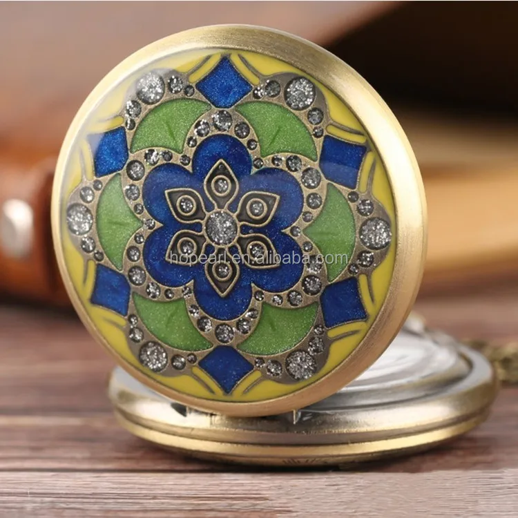 WAH239 Vintage Cloisonne Enamel Flower Bronze Pocket Watch Necklace