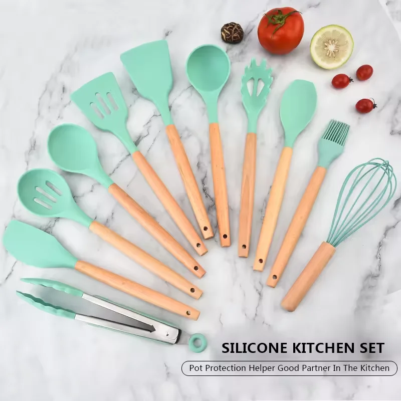Hot Sale Silicone non-stick kitchenware set 19 pieces kitchen utensils set silicone with wood handle
