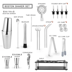 2022 New Arrivals Bar Tools Cocktail Shaker Set 23-Piece Stainless Steel Bartender Kit with Acrylic Stand 4 Whiskey Stones