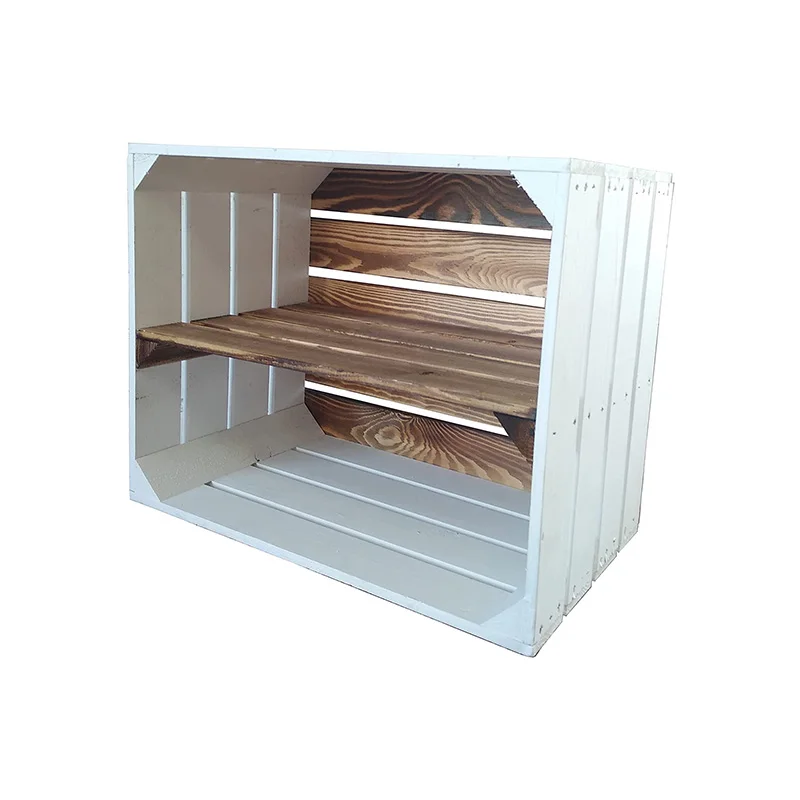 Wooden box for fruit, wine, apples, decoration with flamed bottom and long grid shelf