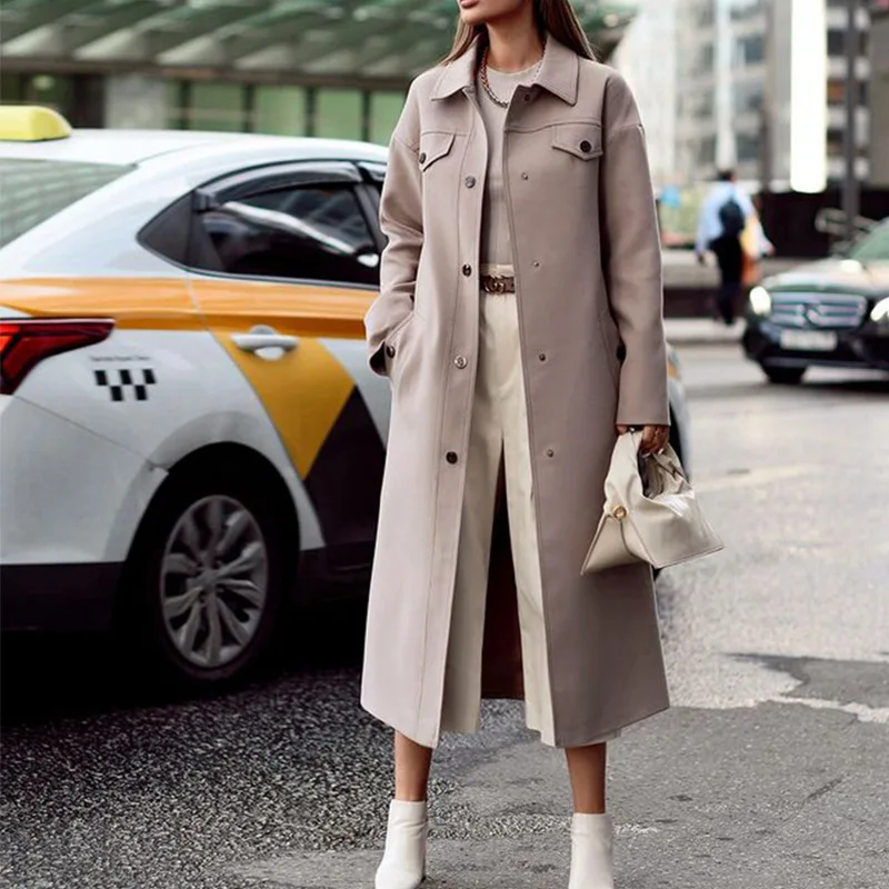 2022 fall elegance office long coats single-breasted lapel casual mid-length women woolen trench coat