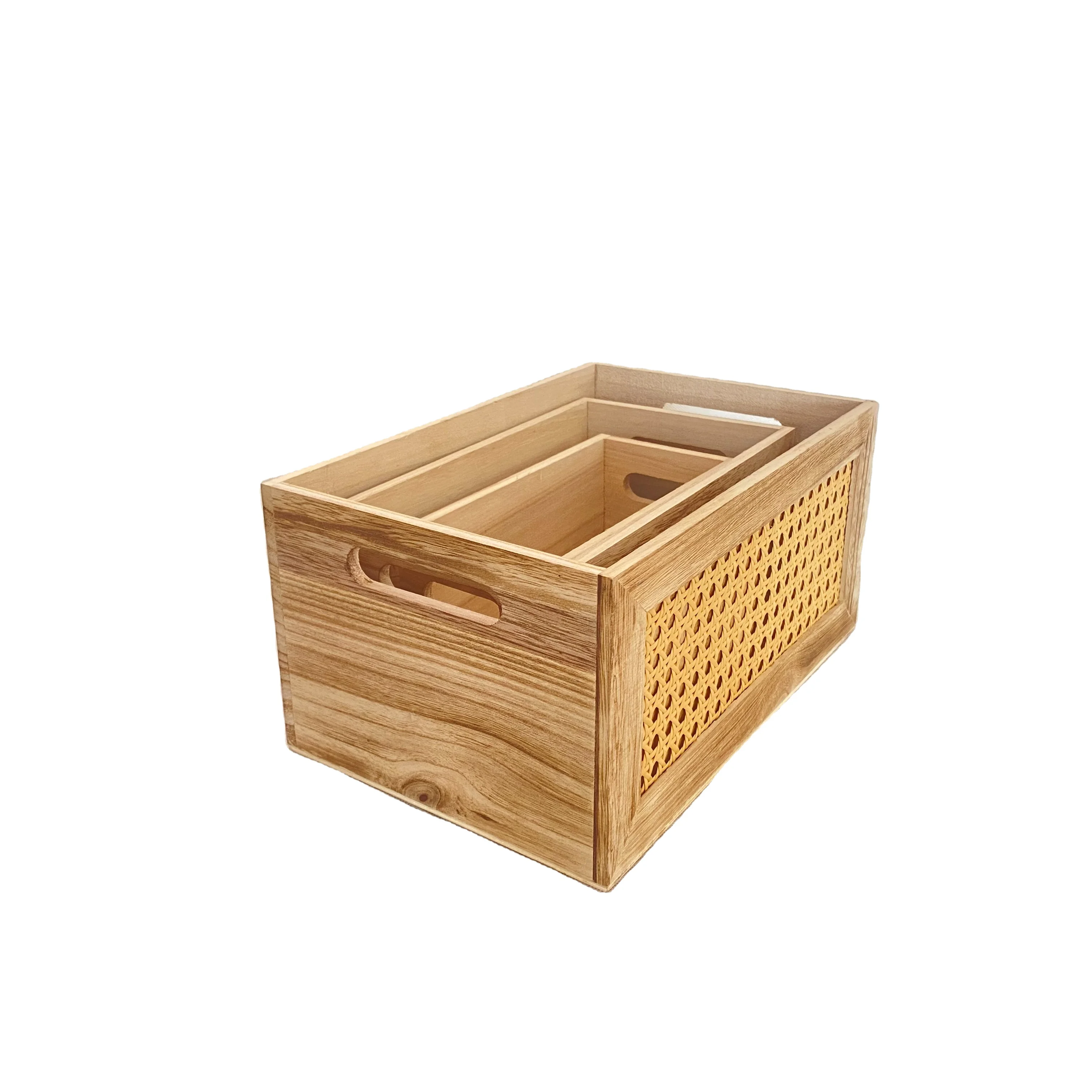 New S/3 home decoration solid wood rattan woven finishing storage box storage box
