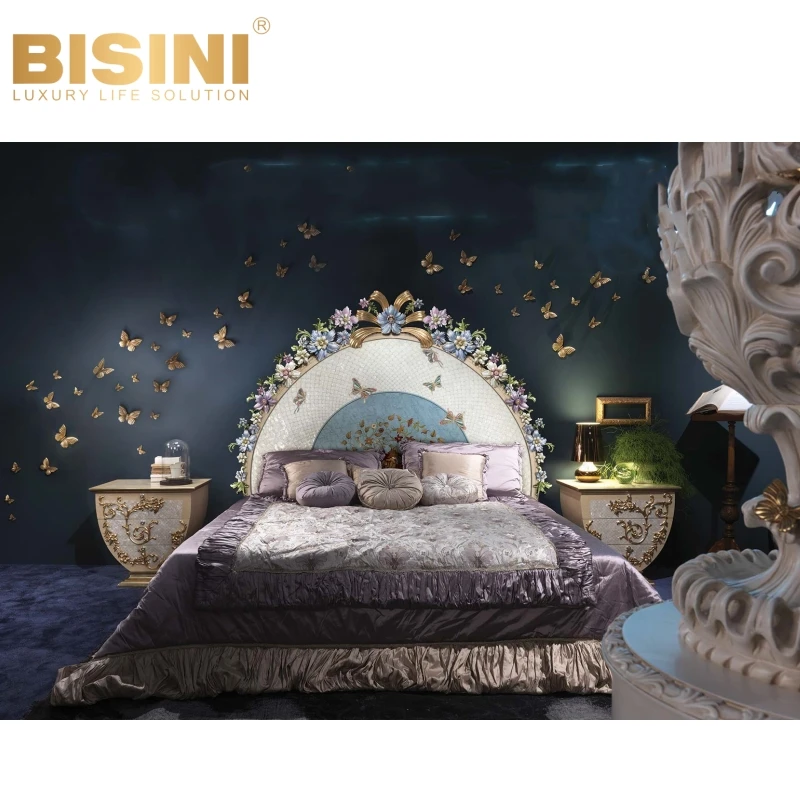Gorgeous Luxury Italy Milan Style House Bedroom Violet Bed Set Wood Carved Colorful Butterflies flowers Double Princess Bed