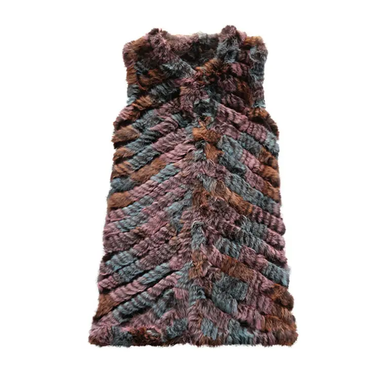 Rabbit hair woven vest pure hand-woven colorful rabbit  medium long fur vest