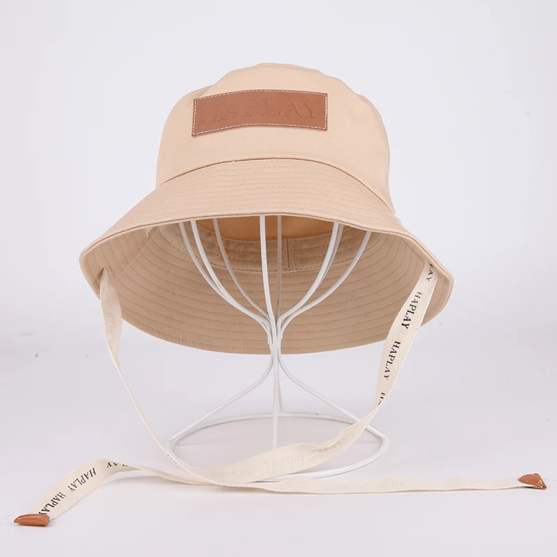 Custom leather patch outdoor fashion fisherman cap wholesale plain bucket hat with string