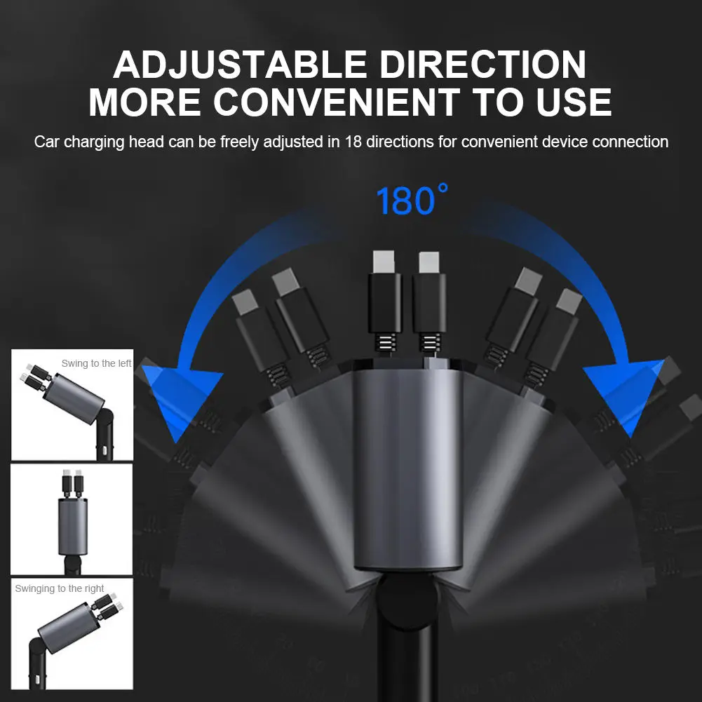 PSDA 4 в 1 Автомобильное зарядное устройство USB/Type-C кабель выдвижной шнур быстрой зарядки прикуриватель адаптер для IPhone Xiaomi Huawei Samsung