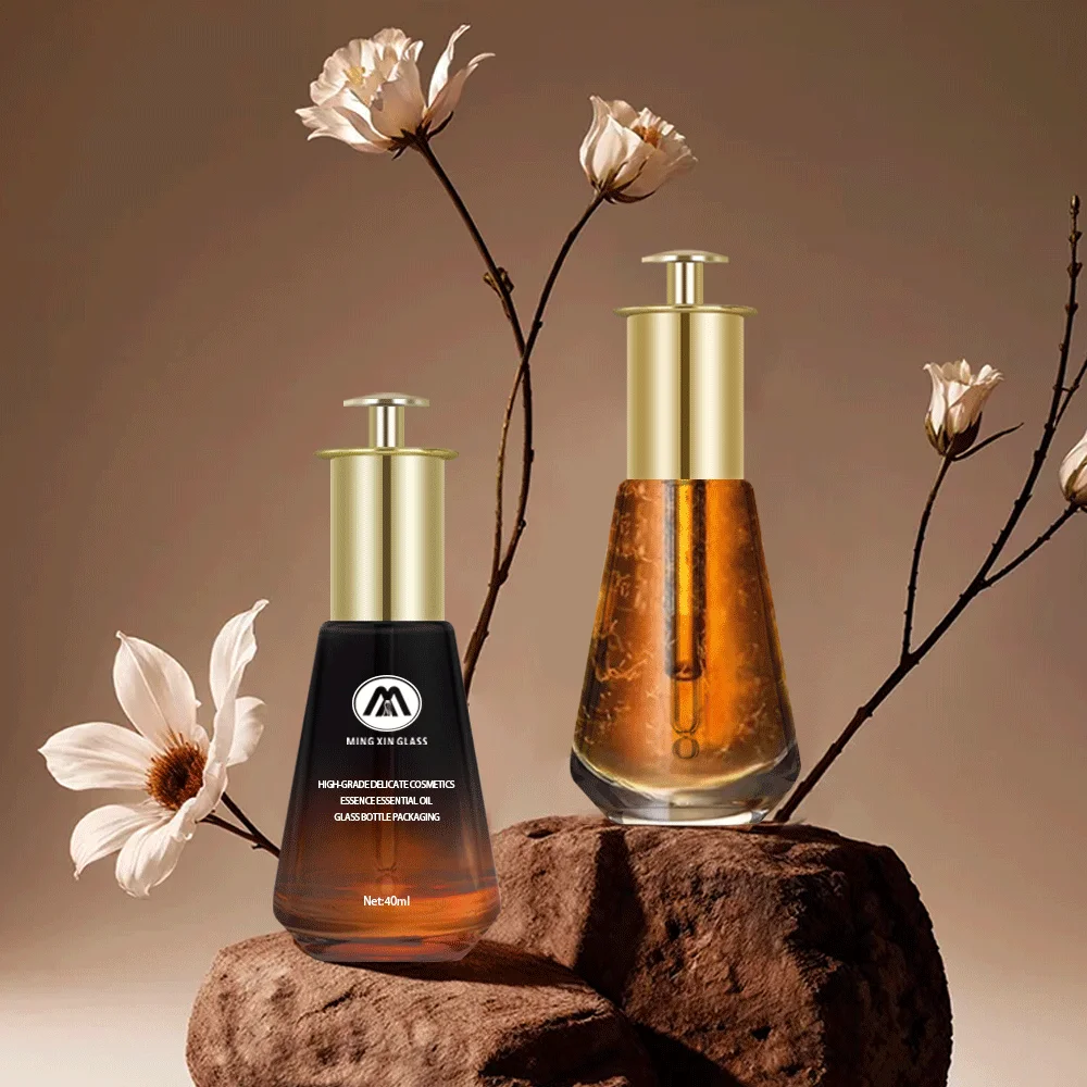 Mingxin Unique New Design Cosmetic Packaging 1Oz 30 40Ml Hotstamped Essential Oil Serum Perfume Glass Dropper Pump Bottle Glass