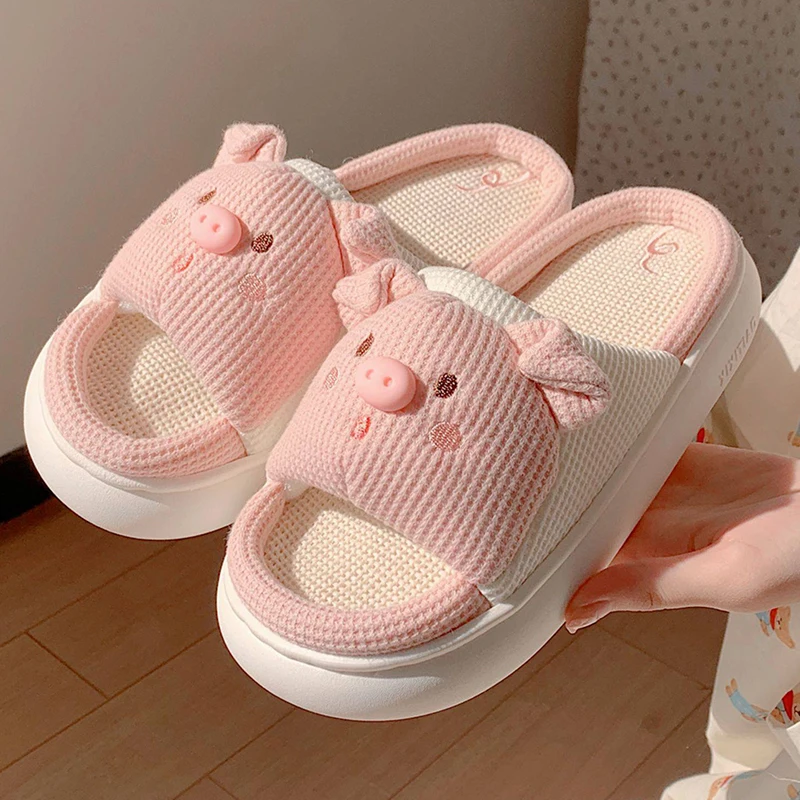 Wholesale Women Quiet Indoor Cool Flax Comfy Slides Fashion Home Summer Cute Small Pig Animal Linen Shoe Slippers
