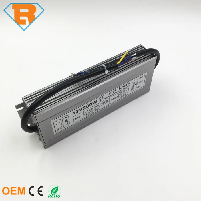 IP67 Iron Shell Waterproof LED Power Supply 200W AC170V-AC260V to DC12V DC24V for led strip led module lighting