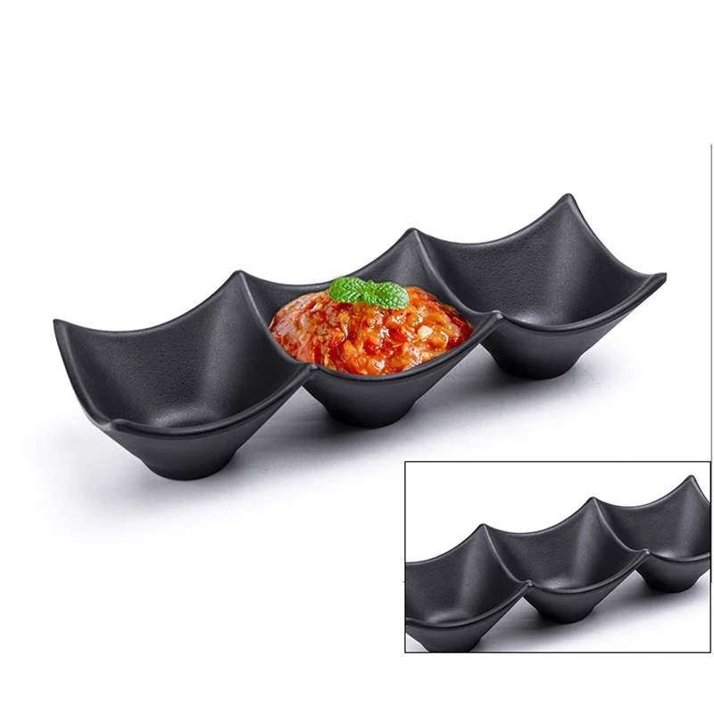 Japanese Restaurant Serving Soy Sauce Dishes Matt Black Divided Sauce Dish 3 Compartment Melamine Plate