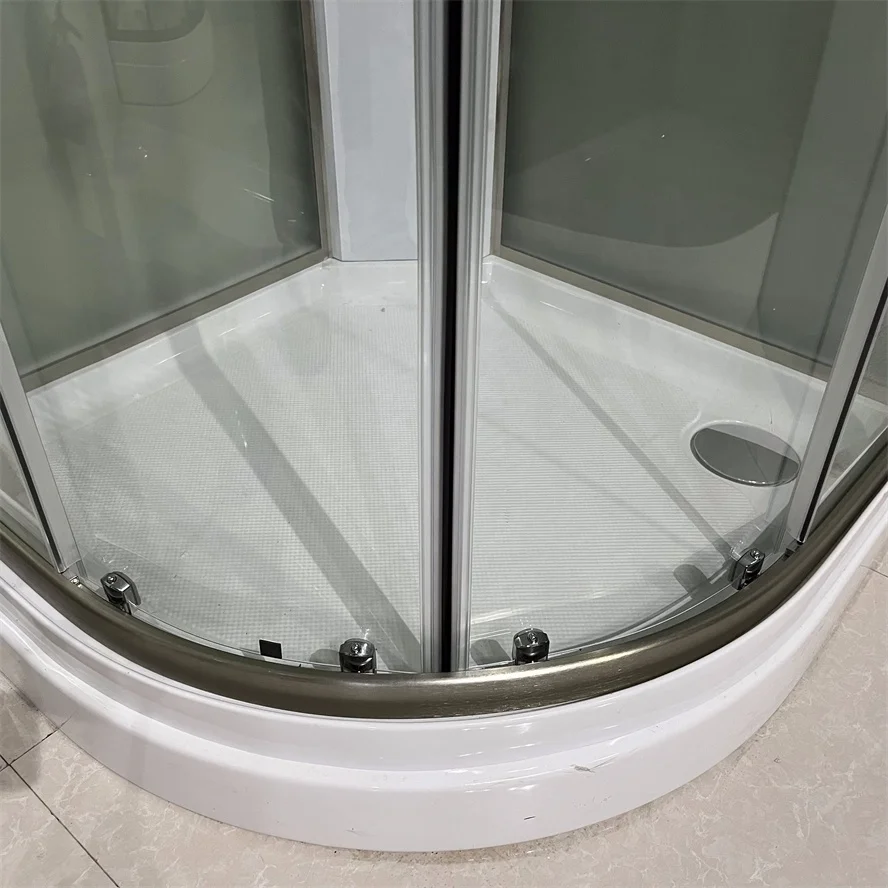 Oumeiga Modern 80*80*225cm Portable Gold Shower Cabin with White ABS Tray & Sliding Door Aluminium Frame Brushed Finish Home Use