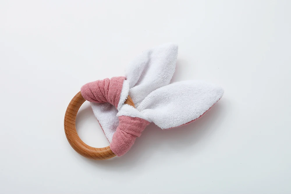 Toddler Triangle Scarf Feeding Bibs Soft Gauze Towel Rabbit Ear Teether70mm Safe Organic Wooden Ring set
