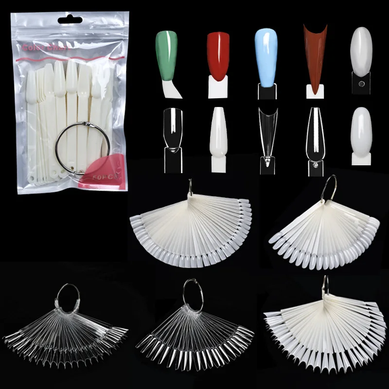 50pcs Natural Clear Hot Popular Fan Shaped Color Chart Display Nail Gel Polish Practice Swatches Art Display Pointed Tips