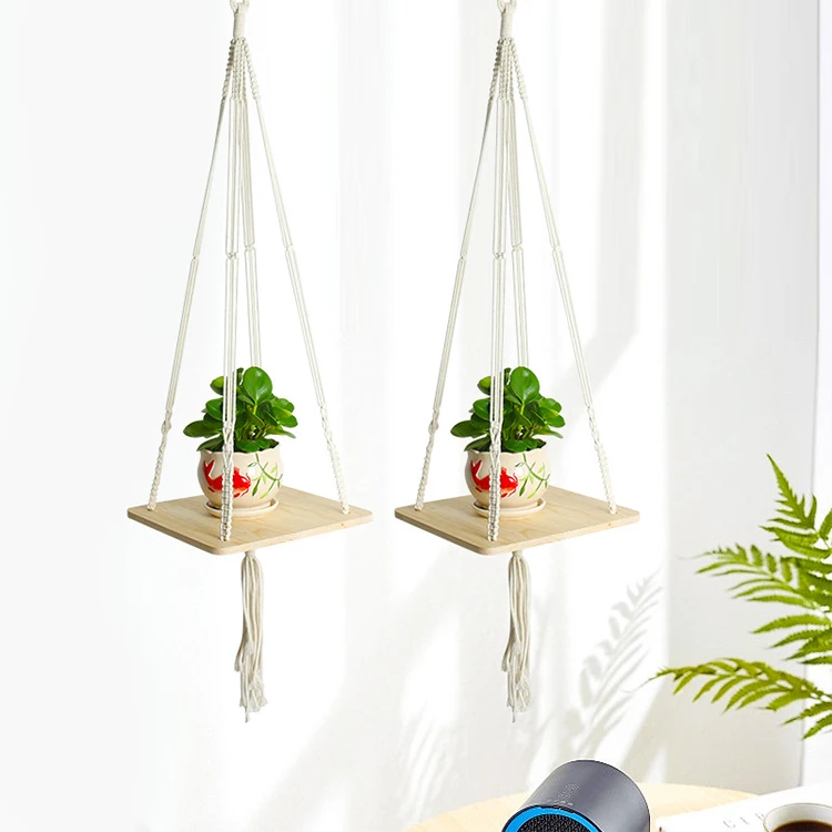 
New design simple square wood flower pot hanging basket gardening cotton rope wood flower pot tray hanging basket 