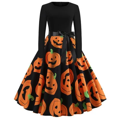 Fancy Pumpkin Halloween Womens Dress Long Sleeve Mid Length Princess Dress Ladies Costume Festival Party Vintage 50s 60s Robe