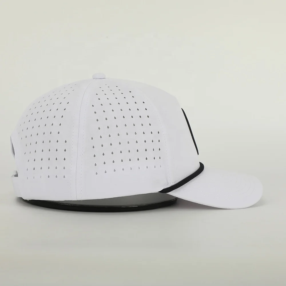 Wholesale Custom Rubber Patch  Logo 5 Panel Dad Hat High Quality Polyester Golf Gorras,Laser Cut Hole Rope Sport Baseball Cap