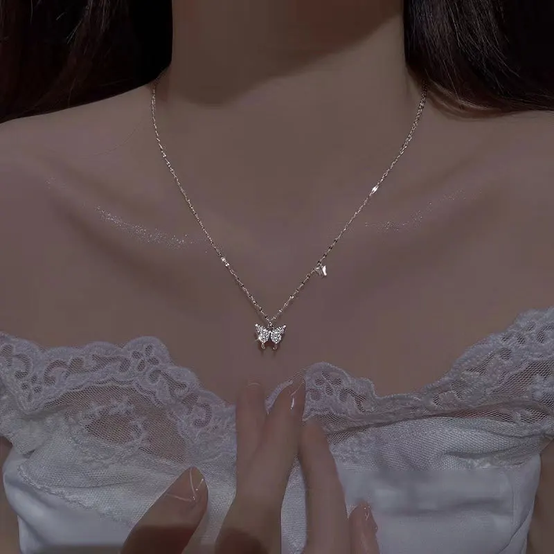Luxury Pure 925 Sterling silver Shiny CZ Zircon Butterfly Pendant Necklace for Women Girls Jewelry