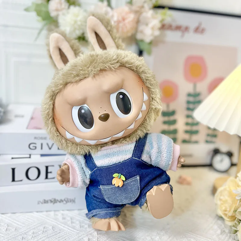 2257 38cm Plush Doll For Blue Striped Carrot Suspender Suit Cute Dress Outfit Clothes Only Labubu