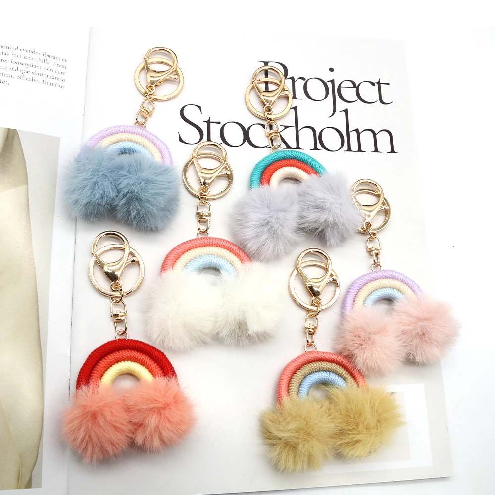 Plush Pom Keychain Metal Keychain Rainbow Hot Sale Wholesale Fashion Shape Handwoven Cotton Gift Customized Logo Silicone Alloy