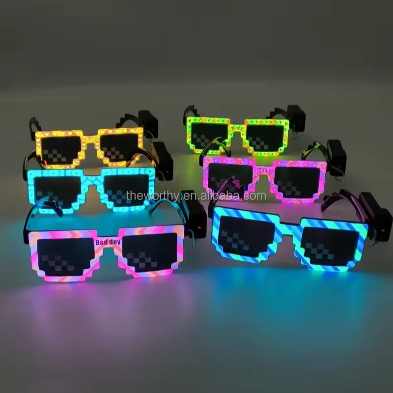 T-Worthy NEW Luminous LED Glasses Funny Pixelated Mosaic Gamer Light Up EL Wireless Glasses Party Disco Cool EL Glasses