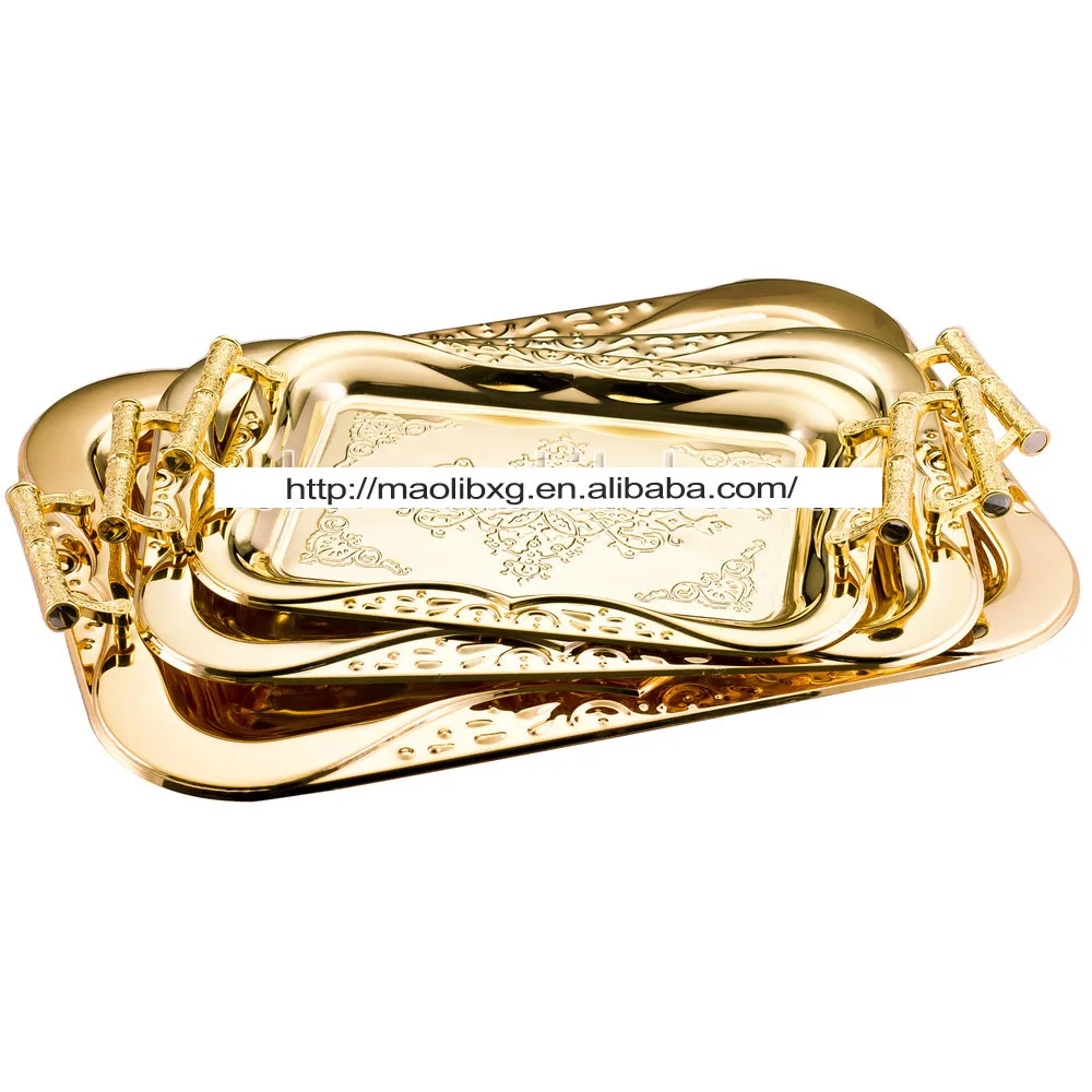 
High Quality Multi Sizes Golden Retro Square Metal Serving Trays Stainless Steel Hotel Party Food Plates Fruit Candy Trays 