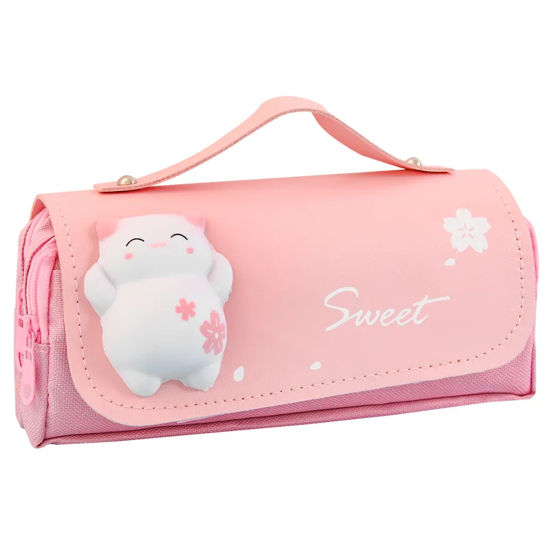 Cute Cat Decompression Pencil Case Big Pencil Box Portable Girls Pen Bag Double Layer School Pouch Stationery Pencil Case