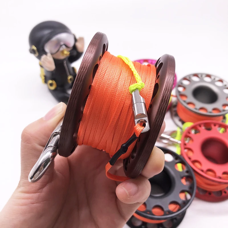 15M Flat Line Scuba Diving Aluminum Alloy Spool Finger Reel with Stainless Steel double ended hook SMB Equipment Cave Dive