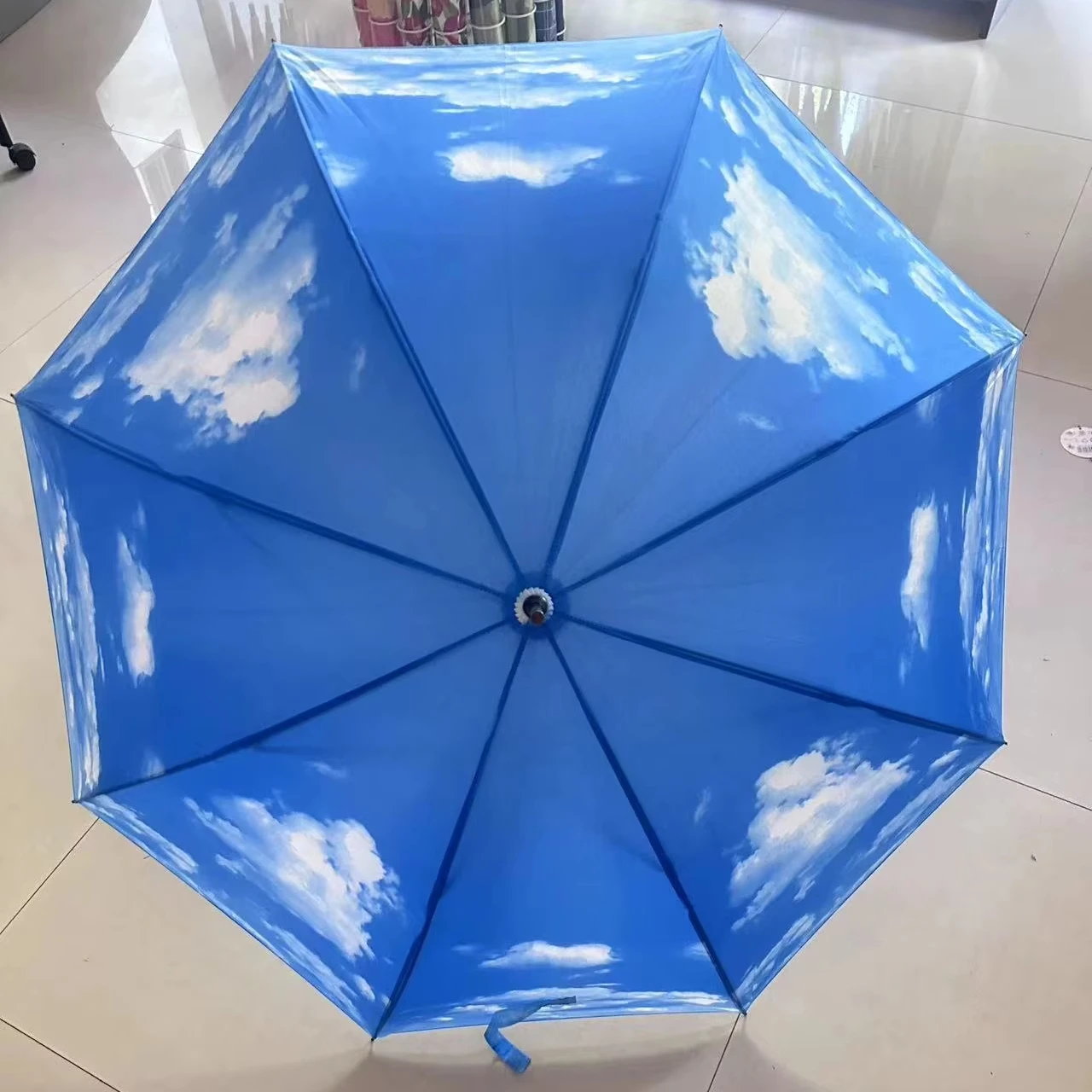 Blue Sky White Cloud Color plastic Handle Frame mental Automatic stick Umbrella Rainy Day