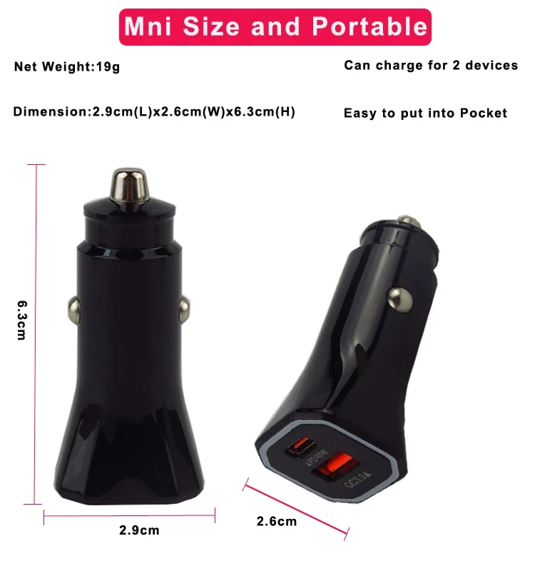 2024 Hot Selling High Quality Mini QC3.0+PD18W Mobile Phone Charger Cheap USB Car Charger for Iphone for Samsung Galaxy