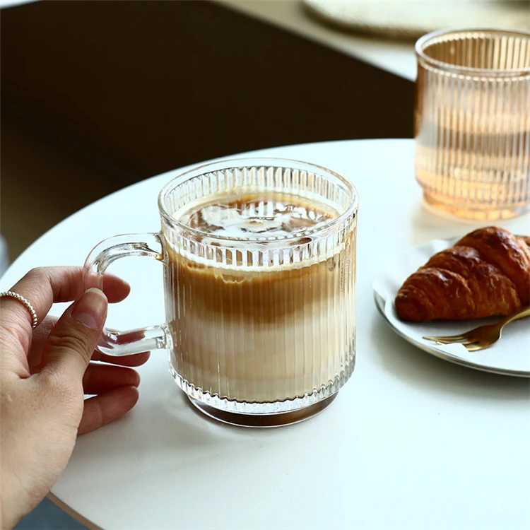 Simple Classical Vertical Striped Glass Reusable Coffee Cup Mug with Handle