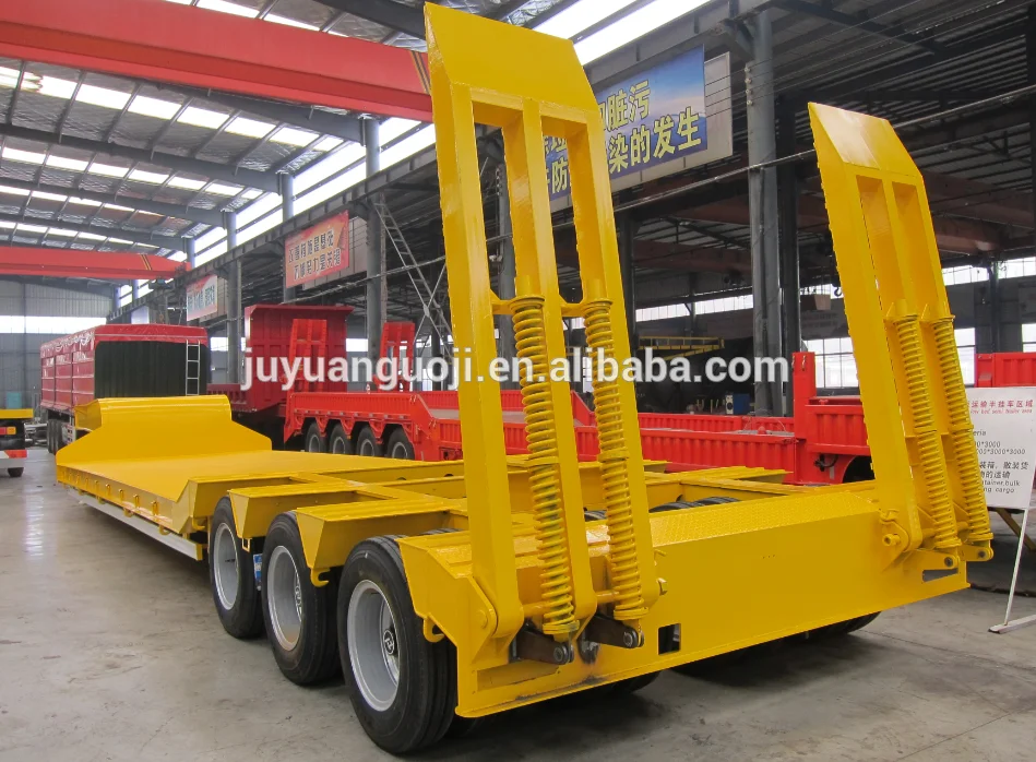 Direct selling 80tons tri-axle heavy objects transporter low bed semi trailer low flatbed truck trailers detachable gooseneck