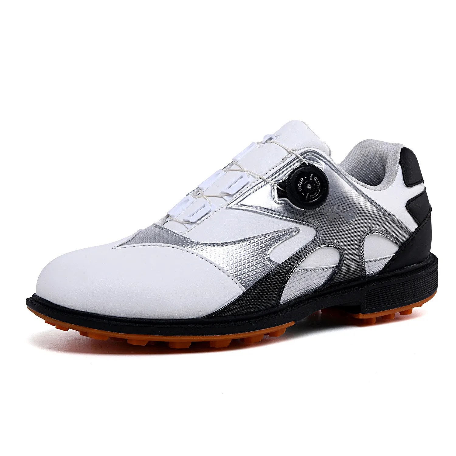 
Custom Wholesale Factory OEM Japan Korea PU Leather Black Dial Lock Auto Laces Spikenessless Men Golf Shoes 