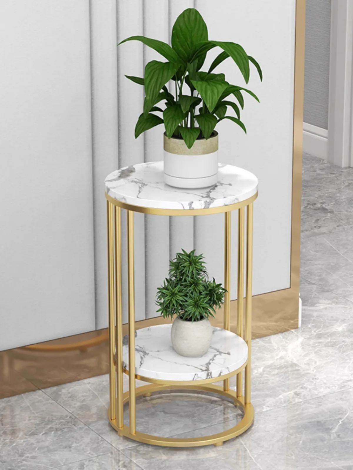 Simple Modern Home 2-Tier Storage Gold Ellipse Entryway Plant Stands Metal Side Tables
