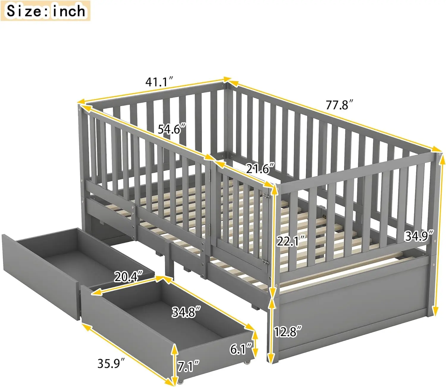 Twin Size Daybed with Fence Guardrails and 2 Drawers, Split into Independent Floor Bed & Daybed, Wood Daybed Sofa Bed Frame