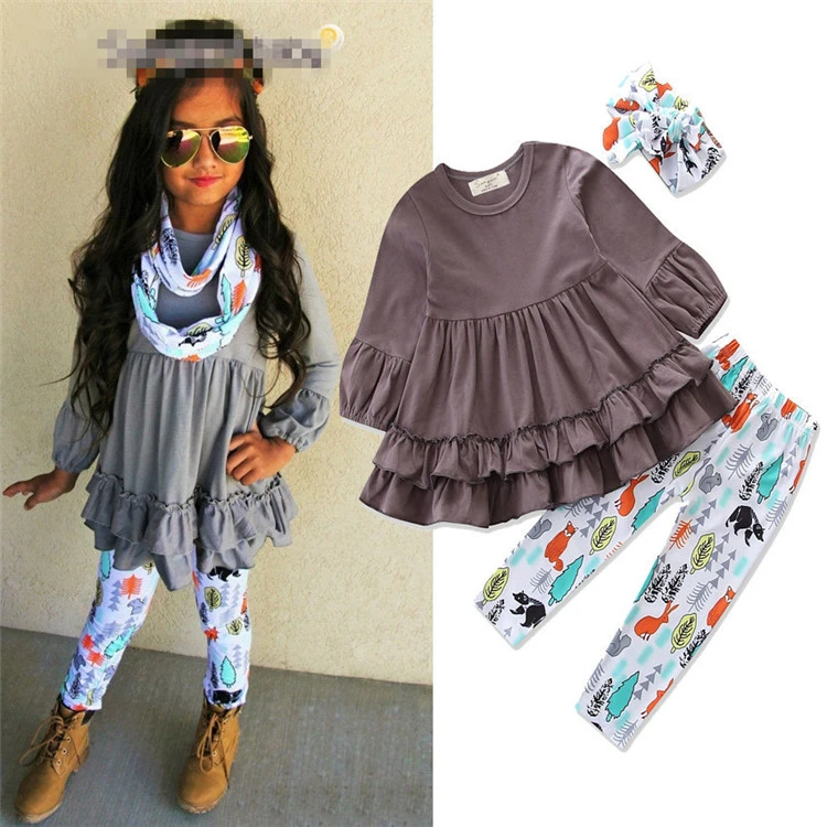 WHS129 Autumn Winter Cute Pretty Infant Baby Girls Clothes 3PCS Ruffles Sleeve Letter Floral Pink Pullover Tops+Pants+Headband