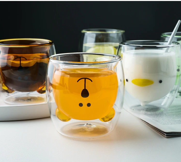 
Transparent glass coffee kitten bear double cup heat insulation high borosilicate 