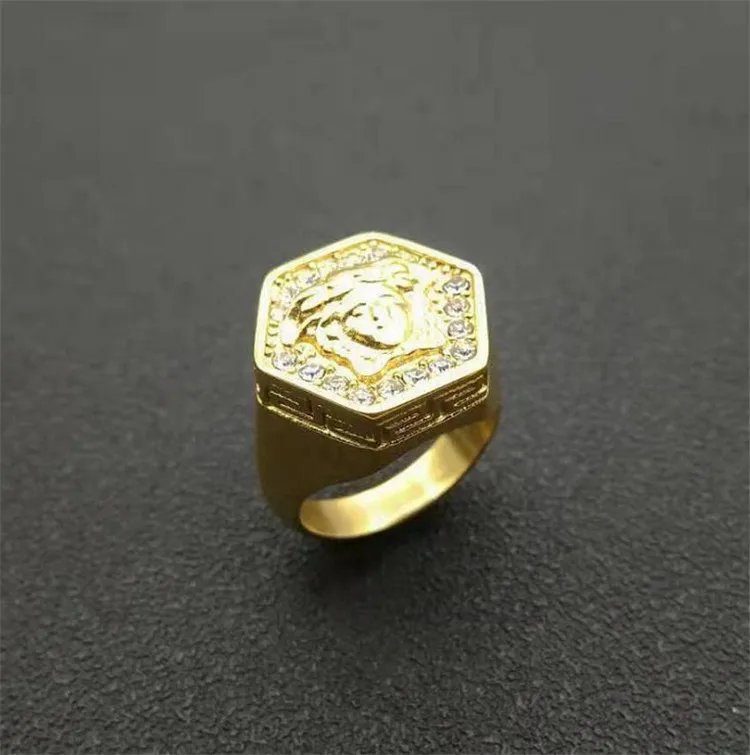  Luxury Brand Customize Ancient Greek Myth Snakes Ring 18K Gold Plated Titanium Steel Hexagonal Diamond Medusa Punk