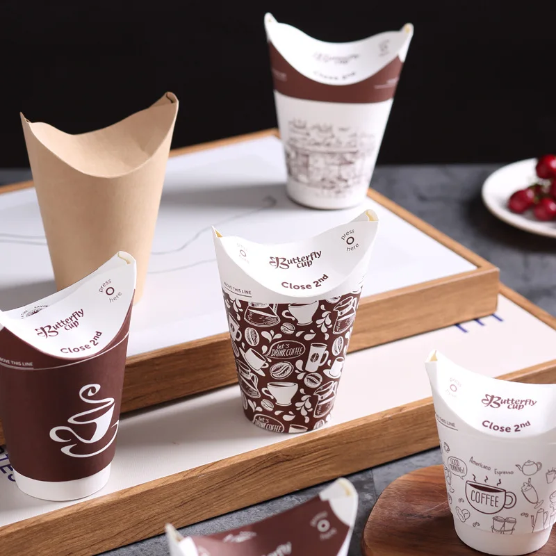 Custom disposable hot drink coffee milk tea paper cup takeout chicken rice french fries fried chicken butterfly paper cup