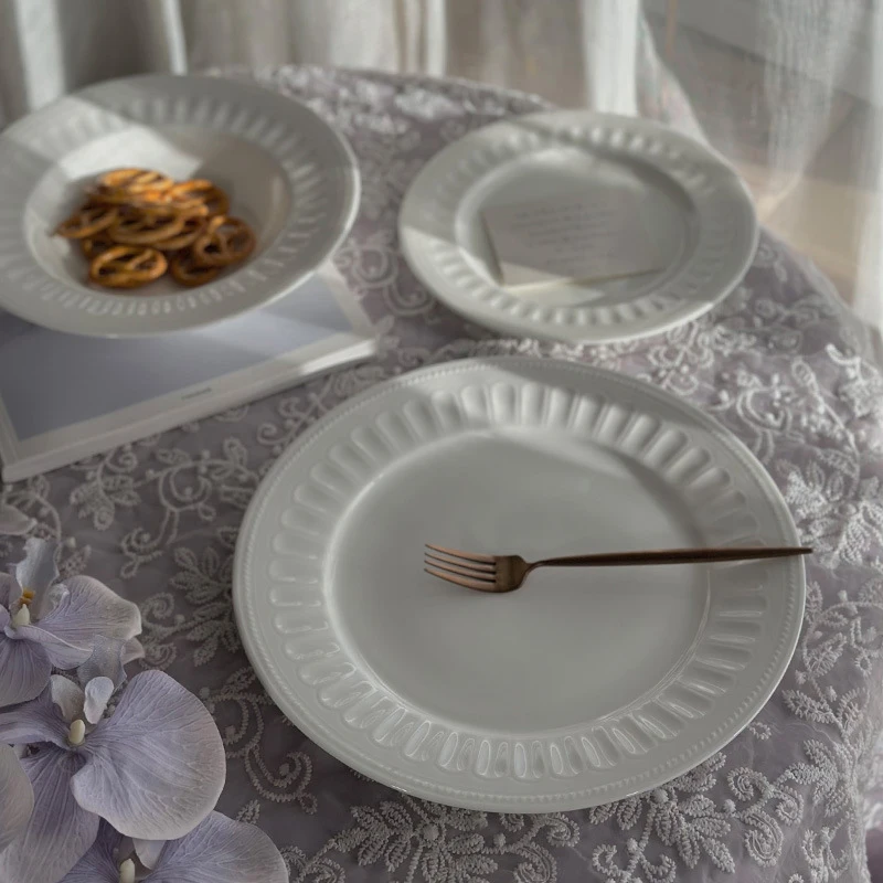 Elegant roman series white dinner plates embossed design ceramic plate set for event