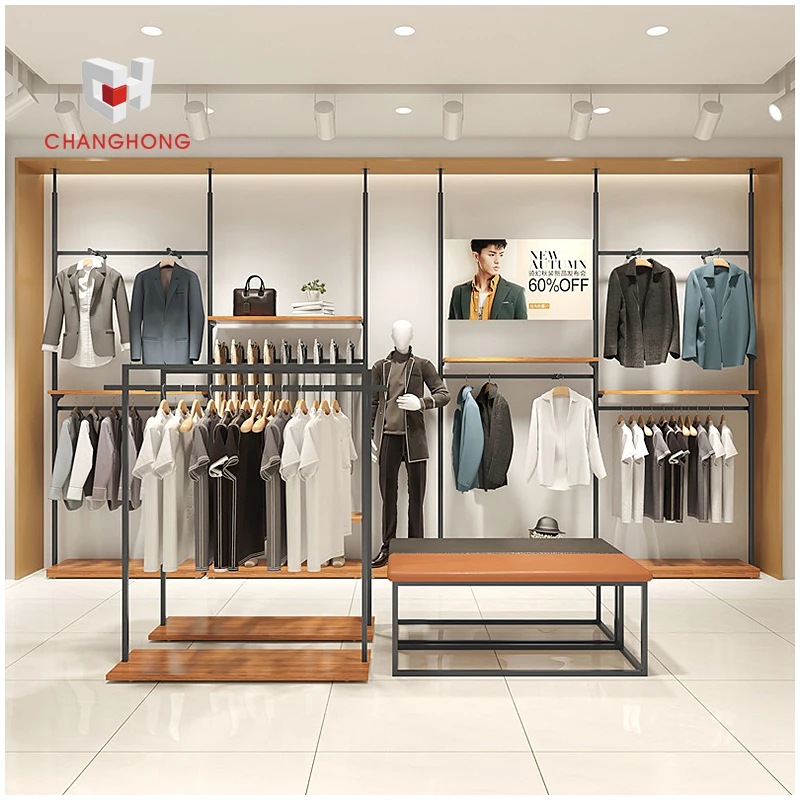 Commercial Iron Clothing Rack Wall Mounted Hanging Shelf For Clothing Racks For Clothing Store Men with LED Lights