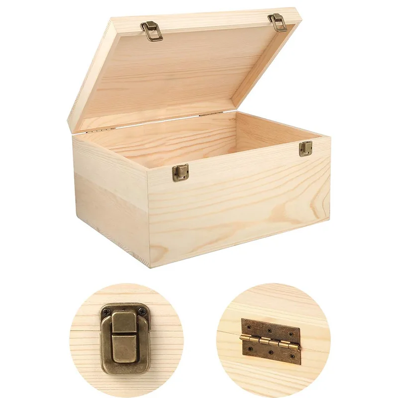 ESTICK Unfinished  Natural Unfinished Pine Wood Box with Hinged Lid and Front Clasp Wooden Box
